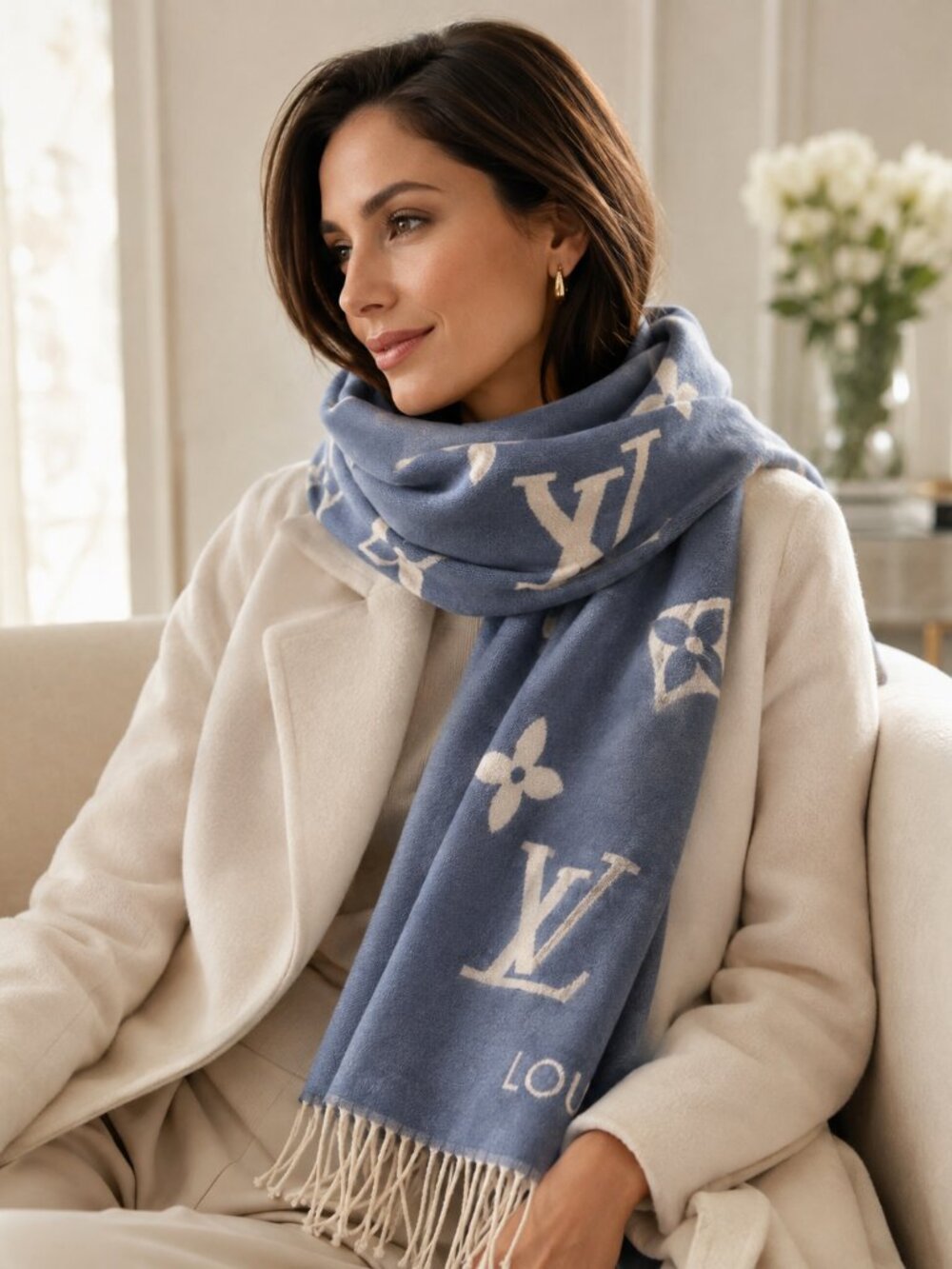 Luxury Blue Ivory 100% Cashmere Oversized Monogram Scarf Wrap Fringe 70 x 25